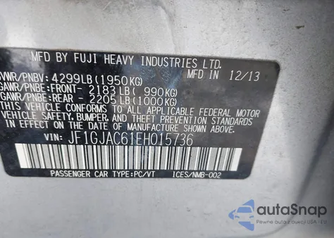 2014 Subaru Impreza 2.0I Premium from USA, damaged, VIN JF1GJAC61EH015736